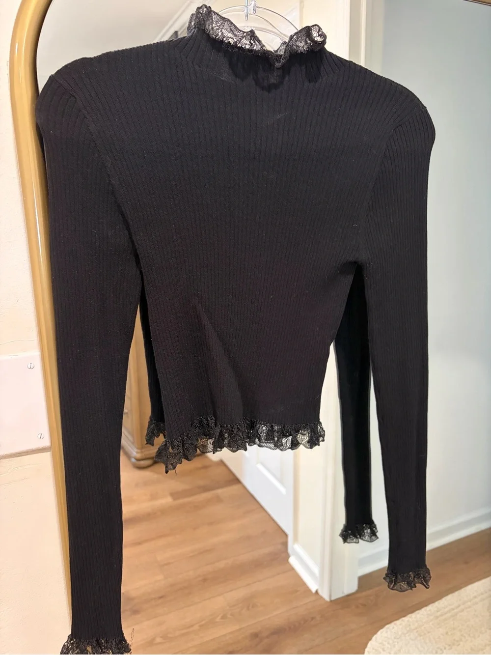 Zara Black Ribbed Long-Sleeve Top with Lace Trim